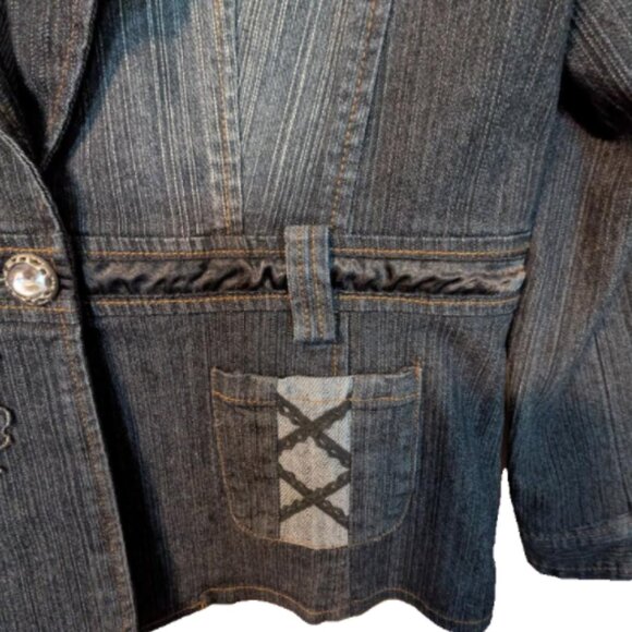 2/$35+$9.99ShipPanitti Fitted Stretch Sequin Deep Denim Blue Embroidered Jacket - Picture 6 of 12